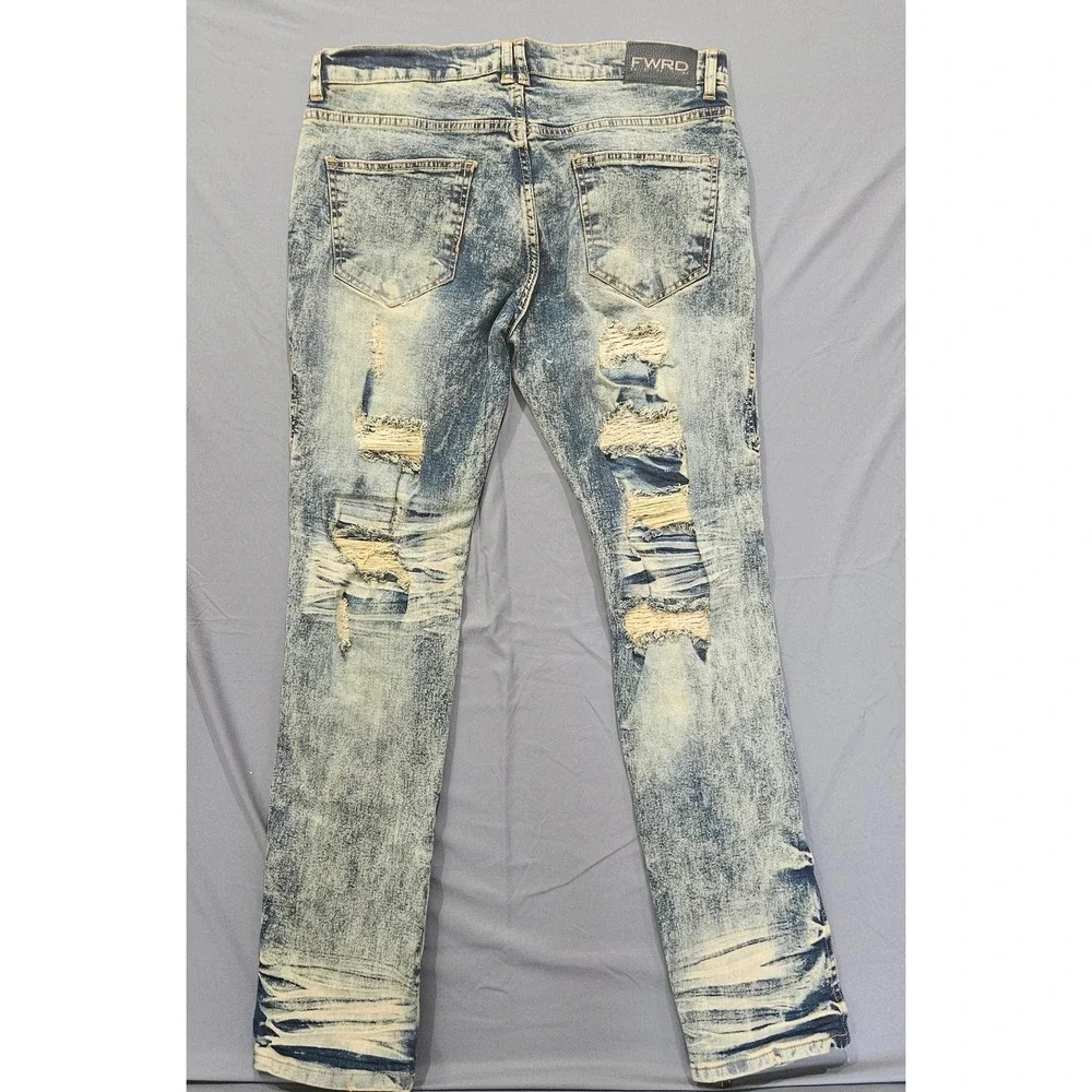 FWRD Denim Jeans Mens 34 Blue Excellent Acid Wash Distressed Zipper Ankle Slim